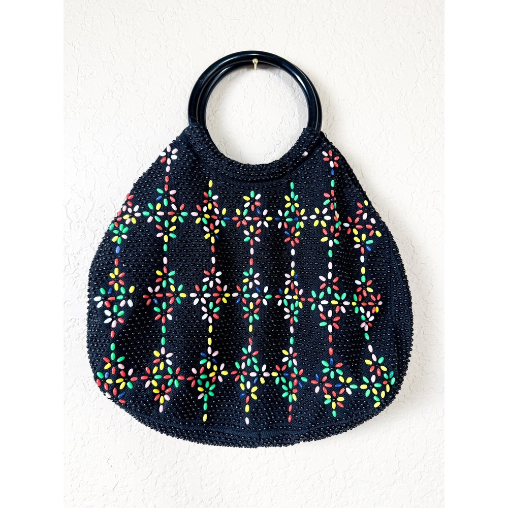 Vintage Hong Kong Black Beaded Floral Ring Handle Bag Colorful Boho‎ Purse
